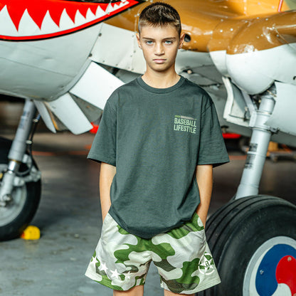 Camouflage green athletic shorts with a white BL101 star logo, a green waistband, four additional white stars, and side pockets.