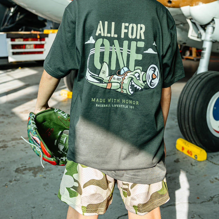Camouflage green athletic shorts with a white BL101 star logo, a green waistband, four additional white stars, and side pockets.