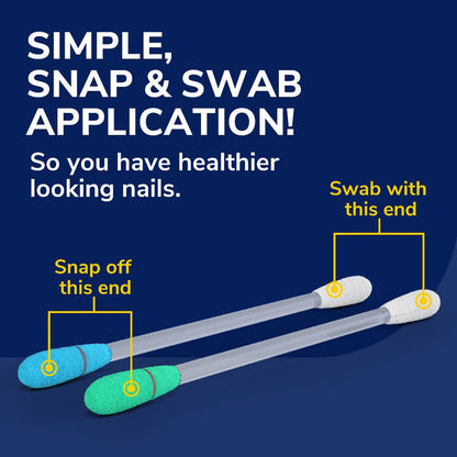 Two nail swabs with colored snap-off ends for simple snap & swab application