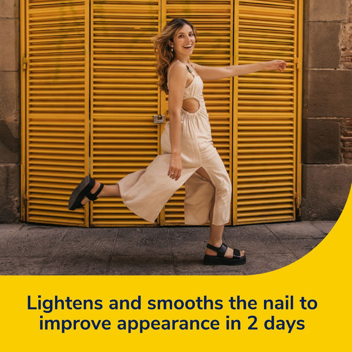 Nail care swab marketing scene with model in a light dress; no swab visible