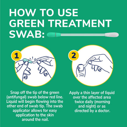 Green antifungal swab with snap-off tip shown on step-by-step usage graphic