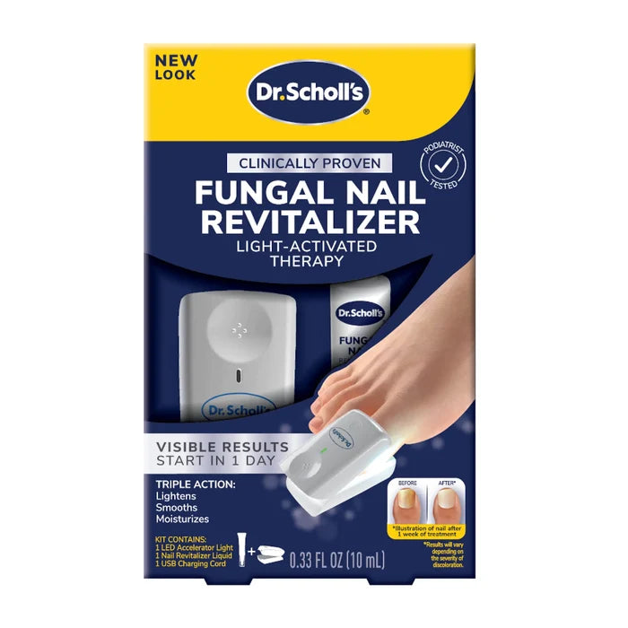 Dr. Scholl's fungal nail revitalizer light-activated therapy kit, box with LED device mockup