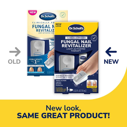 Light-activated nail treatment kit packaging showing new and old look side-by-side