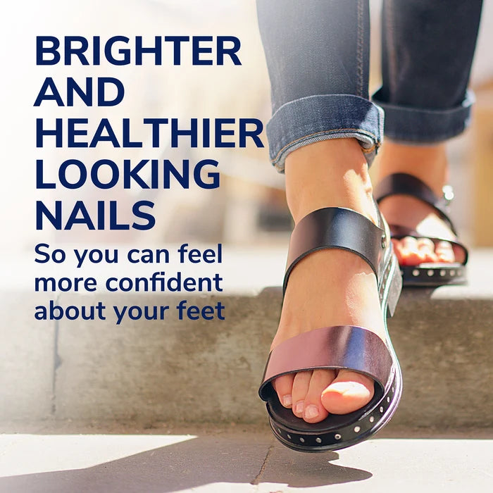 Fungal nail revitalizer liquid shown with clean-looking toenails and open-toe sandal