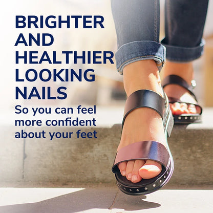 Fungal nail revitalizer liquid shown with clean-looking toenails and open-toe sandal