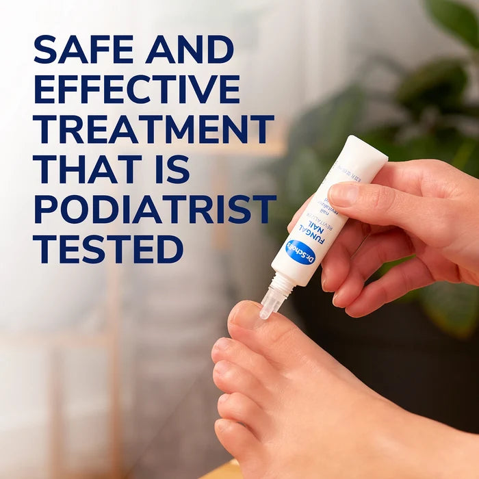 Fungal nail revitalizer liquid being applied to a toenail by hand