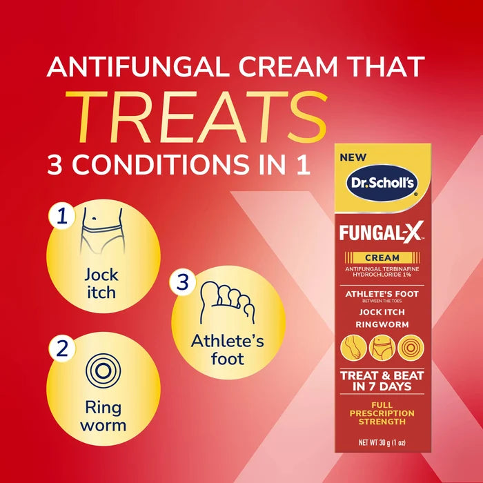 Antifungal cream box with icons for jock itch, athlete's foot, and ringworm treatment.