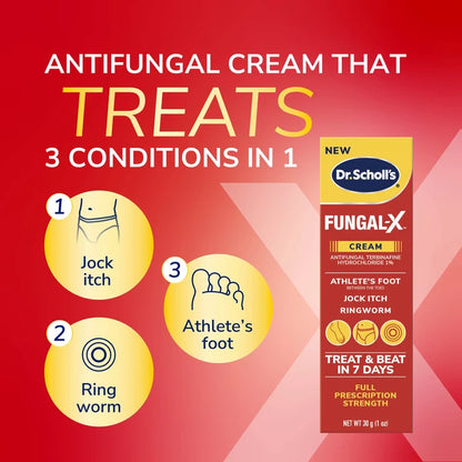 Antifungal cream box with icons for jock itch, athlete's foot, and ringworm treatment.