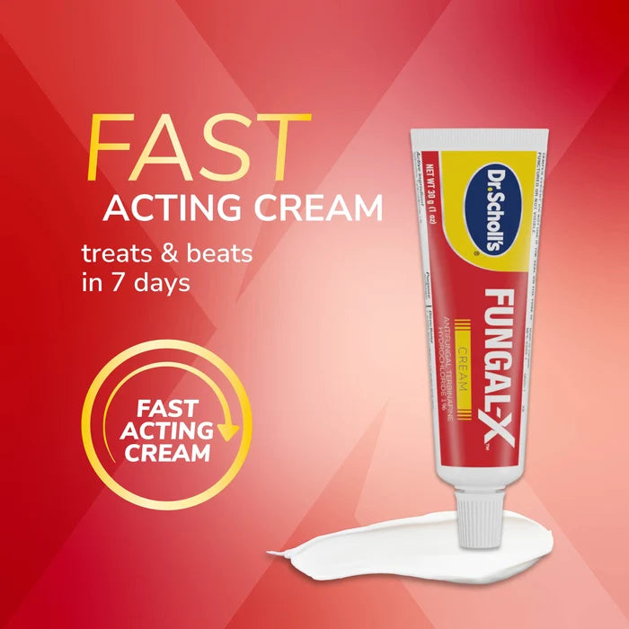 Antifungal cream tube with white cream smear, displayed on a promotional card.