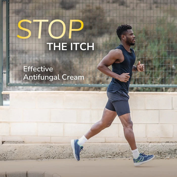 Runner jogging in trainers and shorts with antifungal relief messaging panel.
