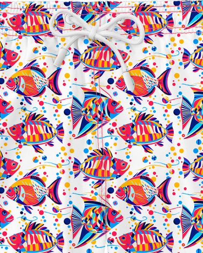 Stoff-Detail der Funky Fish Badehose aus recyceltem PET, Noah*s Ocean