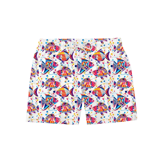 Nachhaltige Kinder-Badehose aus recyceltem Material – Modell Funky Fish von Noah*s Ocean.