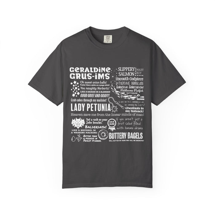 Dark charcoal Comfort Colors graphic tee featuring a white text-based design inspired by Zodiac Academy, with various quotes and playful phrases in bold and script fonts, by thtgrlreads.