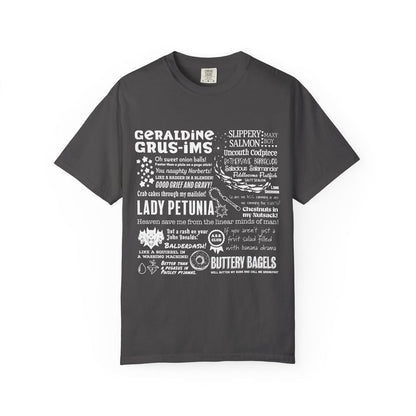 Dark charcoal Comfort Colors graphic tee featuring a white text-based design inspired by Zodiac Academy, with various quotes and playful phrases in bold and script fonts, by thtgrlreads.