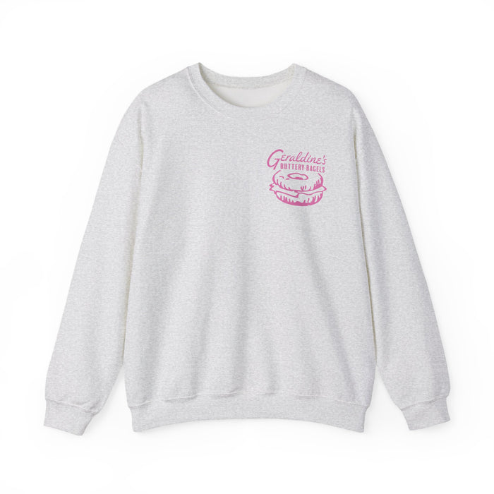 Zodiac Academy crewneck sweatshirt from thtgrlreads featuring a vintage-wash, soft Comfort Colors fabric with a pink graphic print of lips and "Geraldine's Bitter Bagels" text.