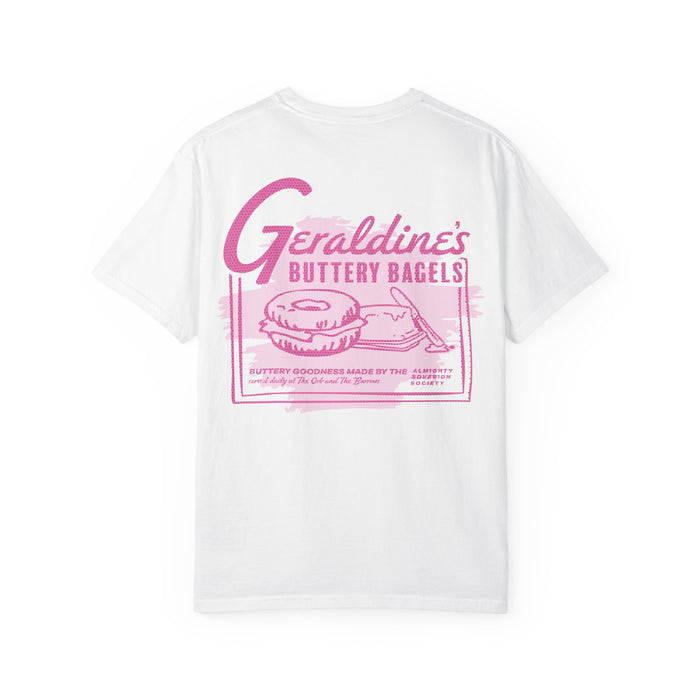 Zodiac Academy graphic tee by thtgrlreads featuring a comfort colors white unisex short-sleeve shirt with vintage-style pink print of Geraldine’s buttery bagels design, part of the Tees collection.