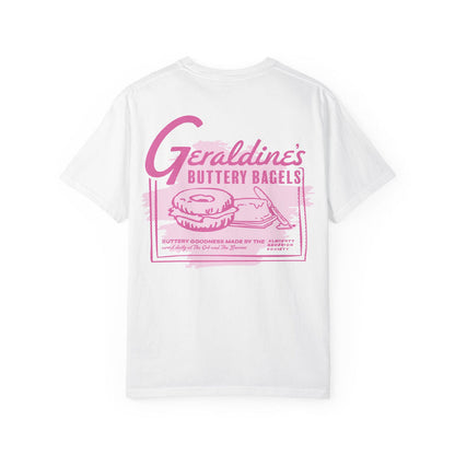 Zodiac Academy graphic tee by thtgrlreads featuring a comfort colors white unisex short-sleeve shirt with vintage-style pink print of Geraldine’s buttery bagels design, part of the Tees collection.