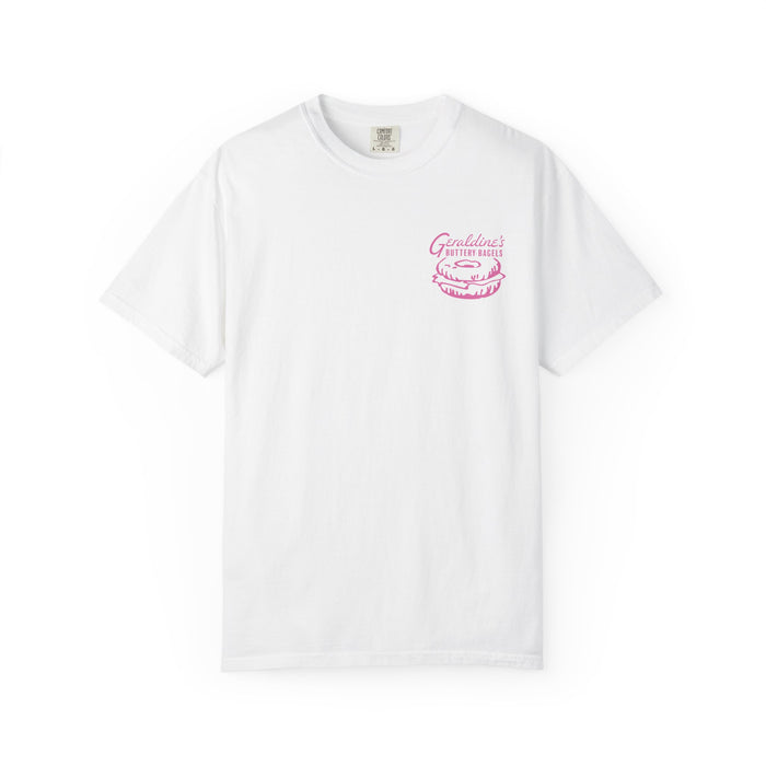 Zodiac Academy comfort colors graphic tee by thtgrlreads featuring a vintage-wash white cotton base and a small pink retro-style bagel shop logo on the chest.