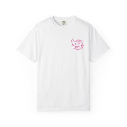 Zodiac Academy comfort colors graphic tee by thtgrlreads featuring a vintage-wash white cotton base and a small pink retro-style bagel shop logo on the chest.