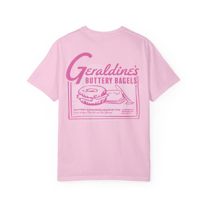 Zodiac Academy inspired Comfort Colors graphic tee from thtgrlreads featuring vintage-style pink print of Geraldine's buttery bagels on a soft light pink cotton blend.