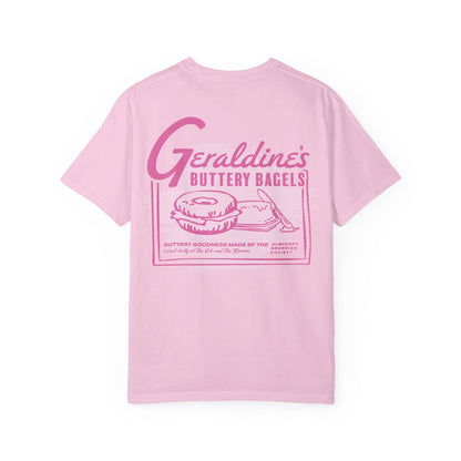 Zodiac Academy inspired Comfort Colors graphic tee from thtgrlreads featuring vintage-style pink print of Geraldine's buttery bagels on a soft light pink cotton blend.
