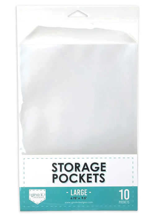 Gina K. Designs - Storage - Storage Pockets - Large. These high quality clear pockets are a great way to securely store your photopolymer stamp sets and wafer thin dies. This size is perfect for storing our Medium 6" by 8" size Stamp Sets. Available at Embellish Away located in Bowmanville Ontario Canada.