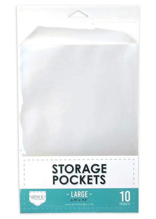 Gina K. Designs - Storage - Storage Pockets - Large. These high quality clear pockets are a great way to securely store your photopolymer stamp sets and wafer thin dies. This size is perfect for storing our Medium 6" by 8" size Stamp Sets. Available at Embellish Away located in Bowmanville Ontario Canada.