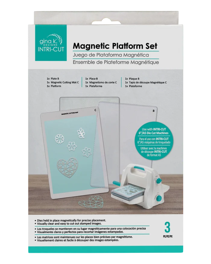 Gina K. Designs - Tools - Intri-cut Magnetic Platform Set. Hold your dies in place magnetically for precise placement. Visually clear and easy to cut out stamped images. Available at Embellish Away located in Bowmanville Ontario Canada.