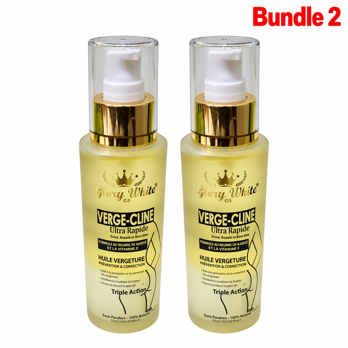 Glory White G5 Verge-Cline Ultra Rapide Stretch Mark Oil, moisturizing body oil designed to nourish and soften skin while helping improve the appearance of stretch marks for smoother, more even-looking skin.
