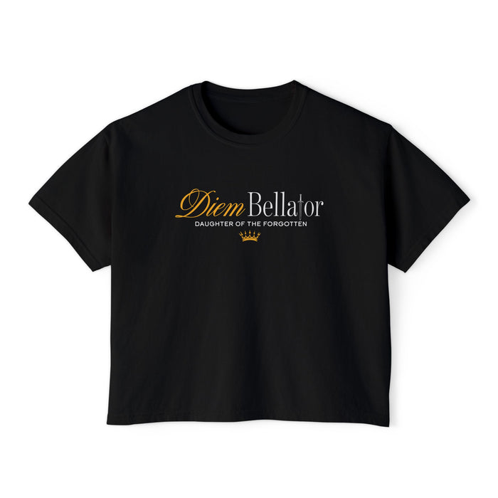 Kindred's Curse Saga crop top by thtgrlreads featuring a vintage black Comfort Colors fabric with elegant gold and white script text and a small crown graphic on the front.
