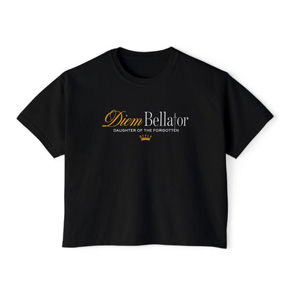 Kindred's Curse Saga crop top by thtgrlreads featuring a vintage black Comfort Colors fabric with elegant gold and white script text and a small crown graphic on the front.