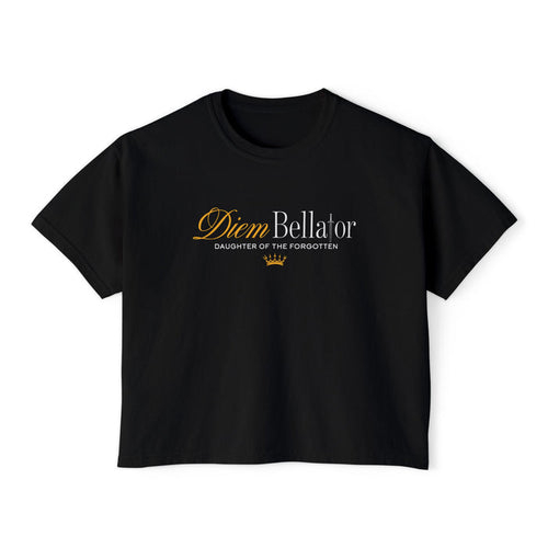 Kindred's Curse Saga crop top by thtgrlreads featuring a vintage black Comfort Colors fabric with elegant gold and white script text and a small crown graphic on the front.