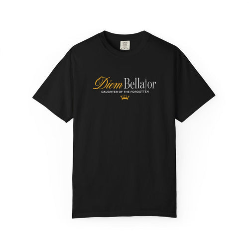A black Comfort Colors graphic tee from thtgrlreads featuring a vintage wash and a simple text design in gold and white from the Kindred's Curse Saga collection.
