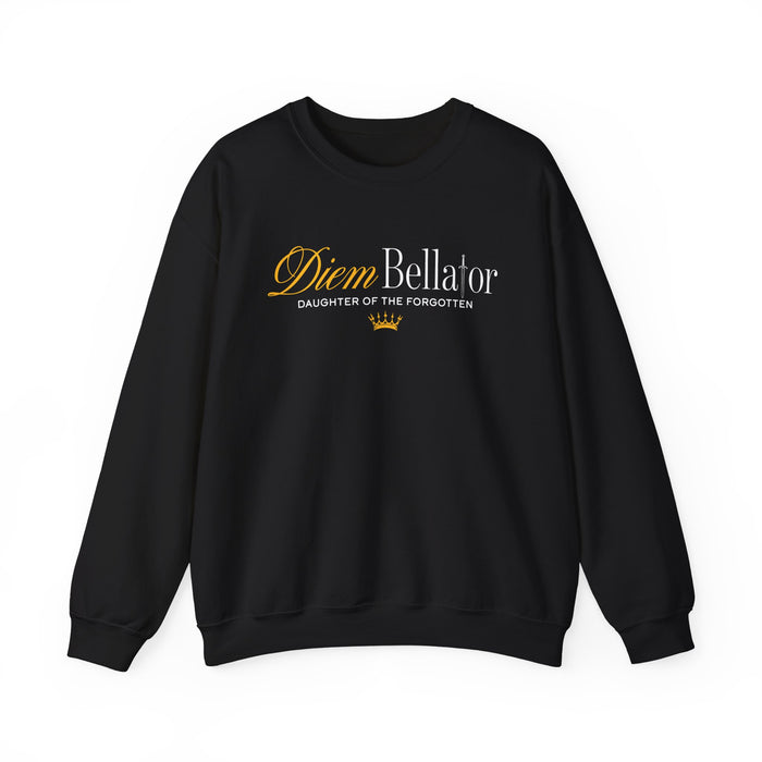 Black oversized crewneck sweatshirt from thtgrlreads featuring a vintage wash and printed "Diem Bellator Daughter of the Forgotten" text with a small gold crown graphic, part of the Kindred's Curse Saga collection.