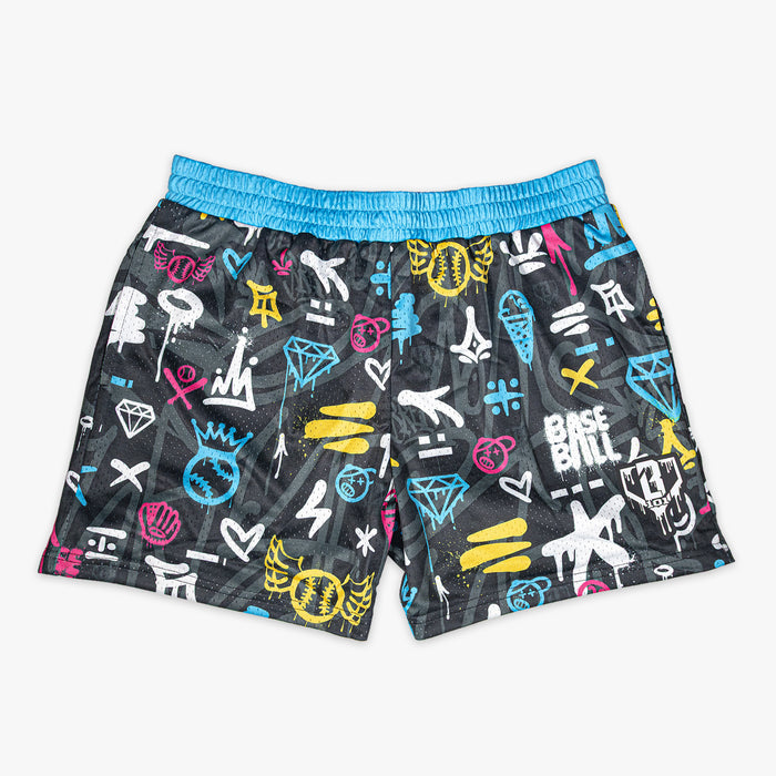 Multi-color youth shorts with “Graffiti Drip” design — front view