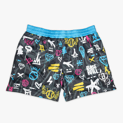 Multi-color youth shorts with “Graffiti Drip” design — front view