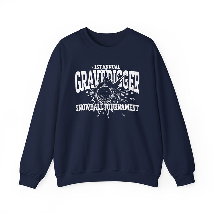 A navy oversized crewneck from thtgrlreads featuring Liv Zander collection text and a white vintage-style graphic reading “1st Annual Gravedigger Snowball Tournament” with a snowball splash design.