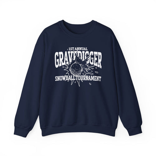 A navy oversized crewneck from thtgrlreads featuring Liv Zander collection text and a white vintage-style graphic reading “1st Annual Gravedigger Snowball Tournament” with a snowball splash design.