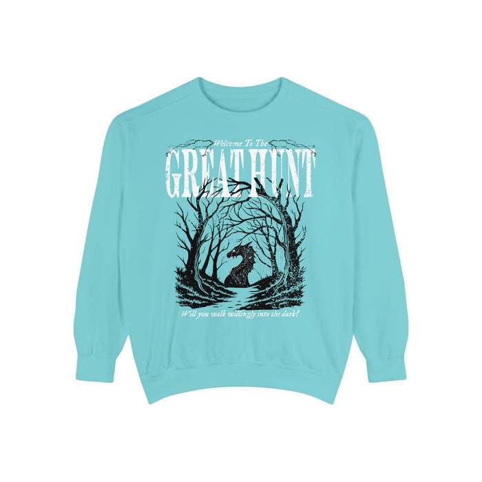 Thtgrlreads Hollow collection oversized crewneck sweatshirt in vintage-washed Comfort Colors teal featuring a dark fantasy graphic of a dragon silhouette among twisted trees with "Great Hunt" text in distressed print.