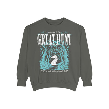 Thtgrlreads crewneck sweatshirt from the Hollow collection featuring a vintage-wash dark green Comfort Colors base with a pale blue and white graphic of a horse head framed by twisted trees and text in a gothic font.
