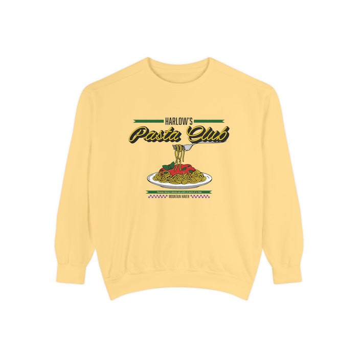 A vintage-washed Comfort Colors crewneck from thtgrlreads featuring a graphic of spaghetti and meatballs with "Harlow's Pasta Club" text, part of The Poison Daughter and Crewnecks collections.