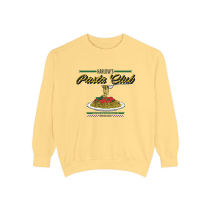 A vintage-washed Comfort Colors crewneck from thtgrlreads featuring a graphic of spaghetti and meatballs with "Harlow's Pasta Club" text, part of The Poison Daughter and Crewnecks collections.