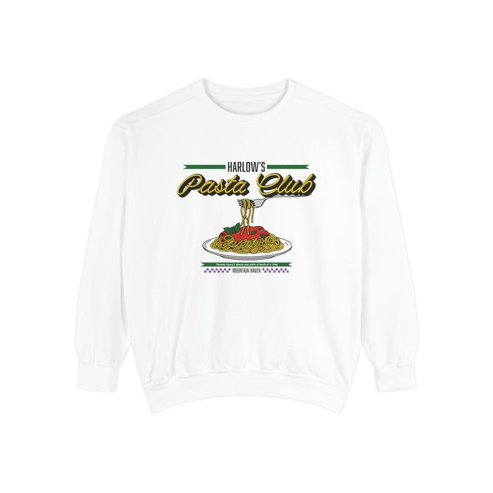 Oversized white Comfort Colors crewneck from thtgrlreads featuring vintage-style graphic and text reading "Harlow's Pasta Club" above a colorful pasta plate, part of The Poison Daughter collection and Crewnecks.