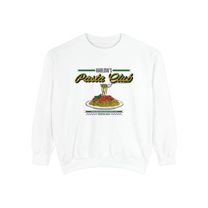 Oversized white Comfort Colors crewneck from thtgrlreads featuring vintage-style graphic and text reading "Harlow's Pasta Club" above a colorful pasta plate, part of The Poison Daughter collection and Crewnecks.