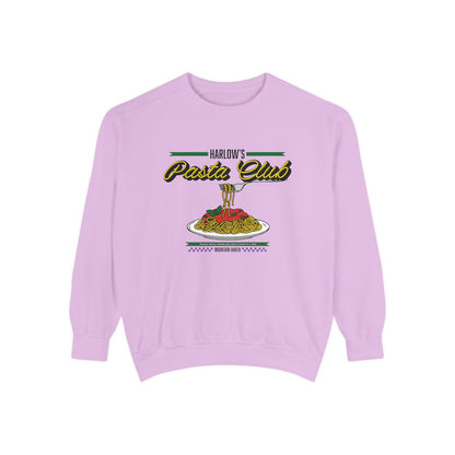 thtgrlreads officially licensed crewneck from The Poison Daughter collection featuring a vintage-wash Comfort Colors lavender oversized sweatshirt with a retro pasta club graphic and bold text design.