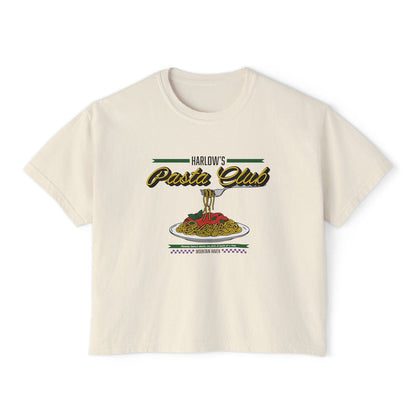 A cream-colored Comfort Colors cropped t-shirt from thtgrlreads featuring "Harlow's Pasta Club" vintage-style script and a colorful graphic of a fork twirling spaghetti over a plate, part of The Poison Daughter collection.
