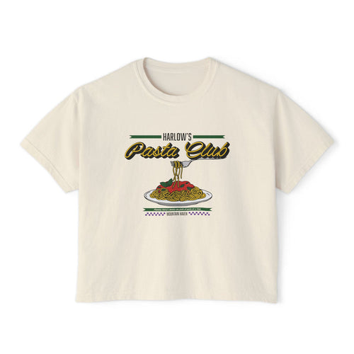 A cream-colored Comfort Colors cropped t-shirt from thtgrlreads featuring "Harlow's Pasta Club" vintage-style script and a colorful graphic of a fork twirling spaghetti over a plate, part of The Poison Daughter collection.