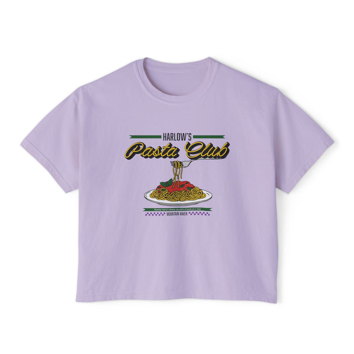 A lavender Comfort Colors crop top from thtgrlreads featuring a vintage-style graphic of a plate of spaghetti and text "Harlow's Pasta Club" in bold retro script, part of The Poison Daughter collection.