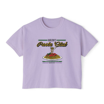 A lavender Comfort Colors crop top from thtgrlreads featuring a vintage-style graphic of a plate of spaghetti and text "Harlow's Pasta Club" in bold retro script, part of The Poison Daughter collection.