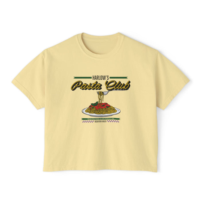 thtgrlreads crop top from The Poison Daughter collection featuring a vintage wash pale yellow Comfort Colors base with a retro-style pasta club graphic in script and illustration.